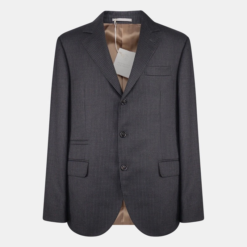 Brunello Cucinelli Grey Pinstripe Virgin Wool Jacket – pre-owned luxury menswear at Sanpetuna