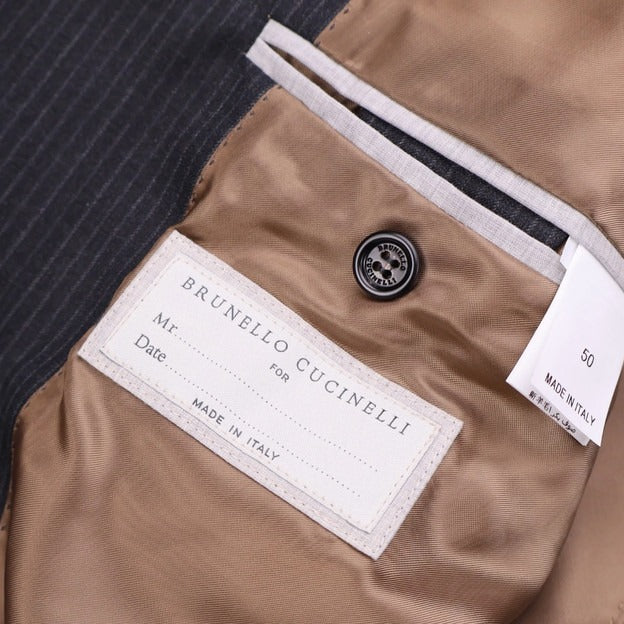 Brunello Cucinelli Grey Pinstripe Virgin Wool Jacket – pre-owned luxury menswear at Sanpetuna