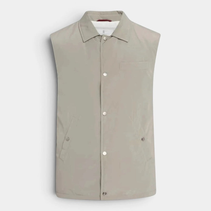 Brunello Cucinelli Beige Water-Resistant Snap-Front Vest – pre-owned luxury menswear at Sanpetuna
