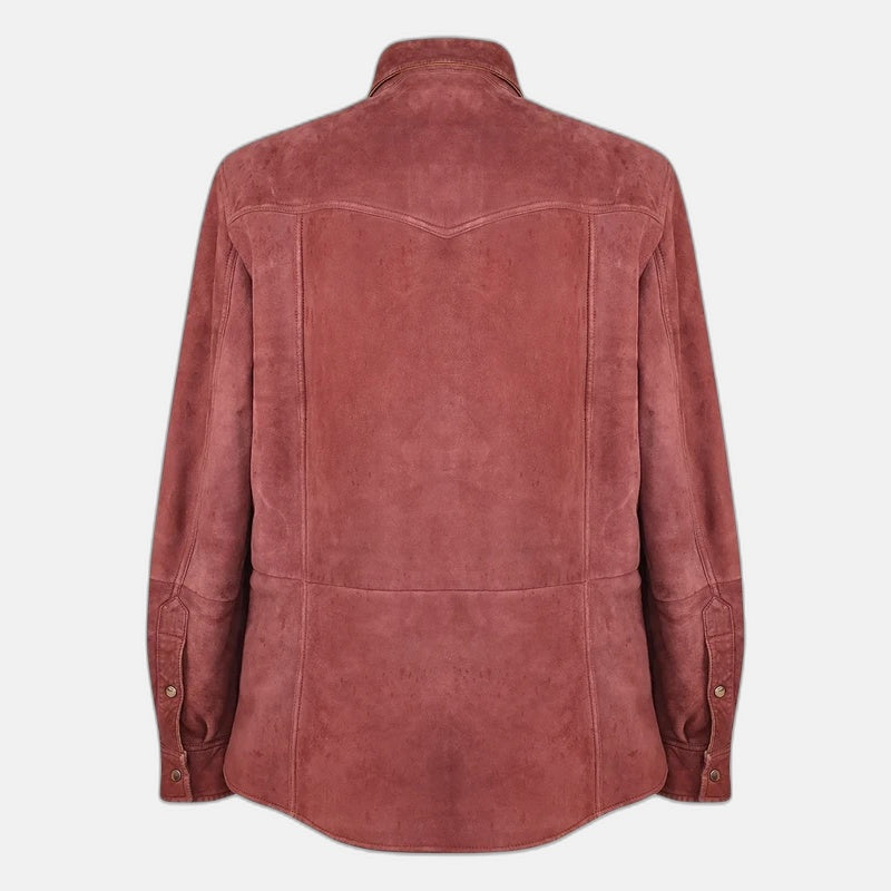 Brunello Cucinelli burgundy suede shearling trucker jacket, back view showing western yoke seam