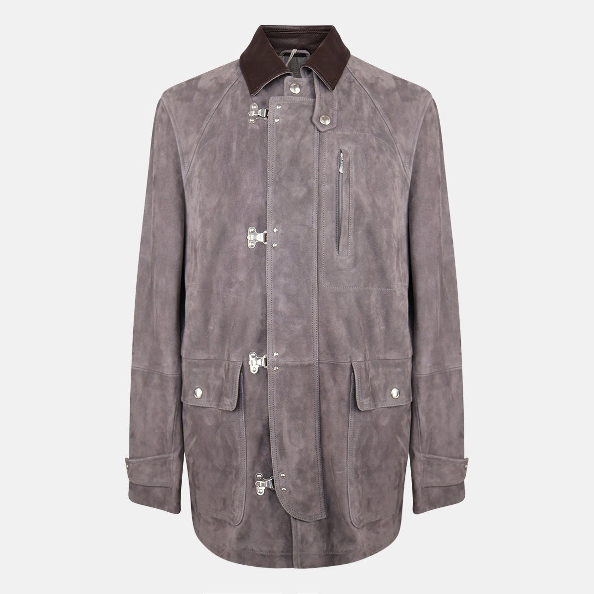 Brunello Cucinelli grey suede leather fireman jacket with contrast collar