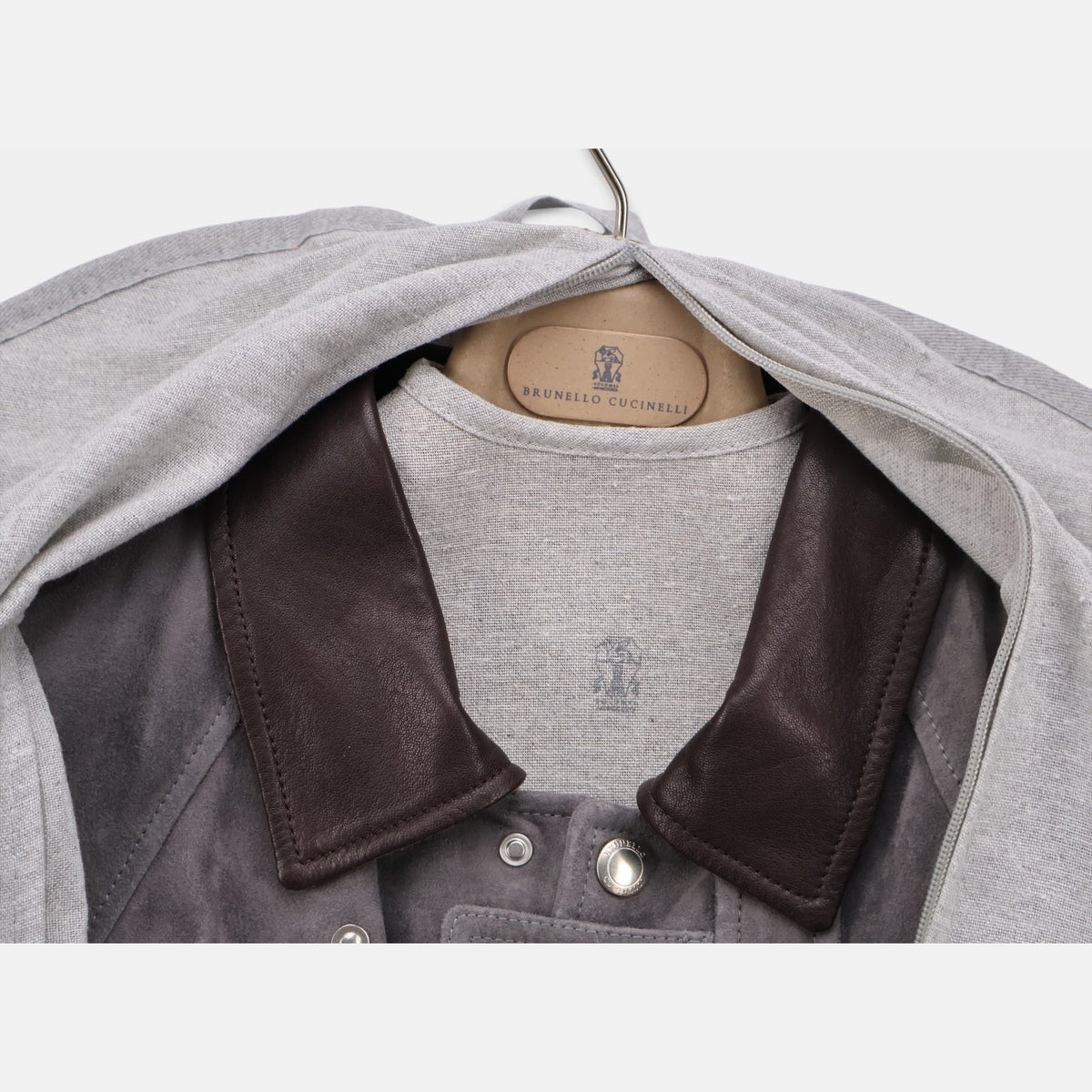 Brunello Cucinelli grey suede leather fireman jacket with contrast collar