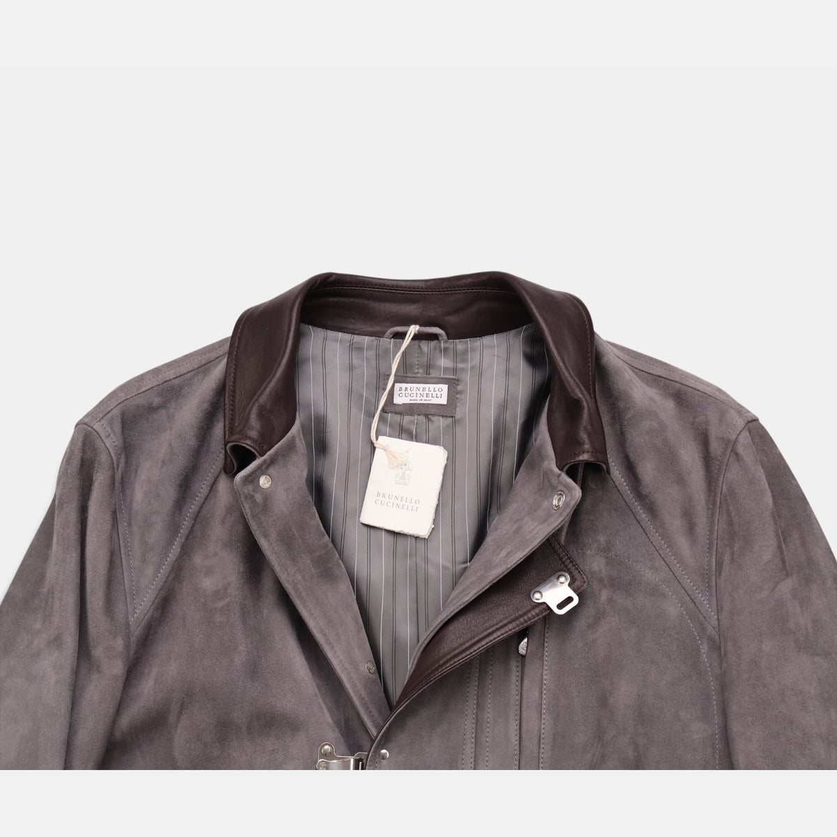 Brunello Cucinelli grey suede leather fireman jacket with contrast collar