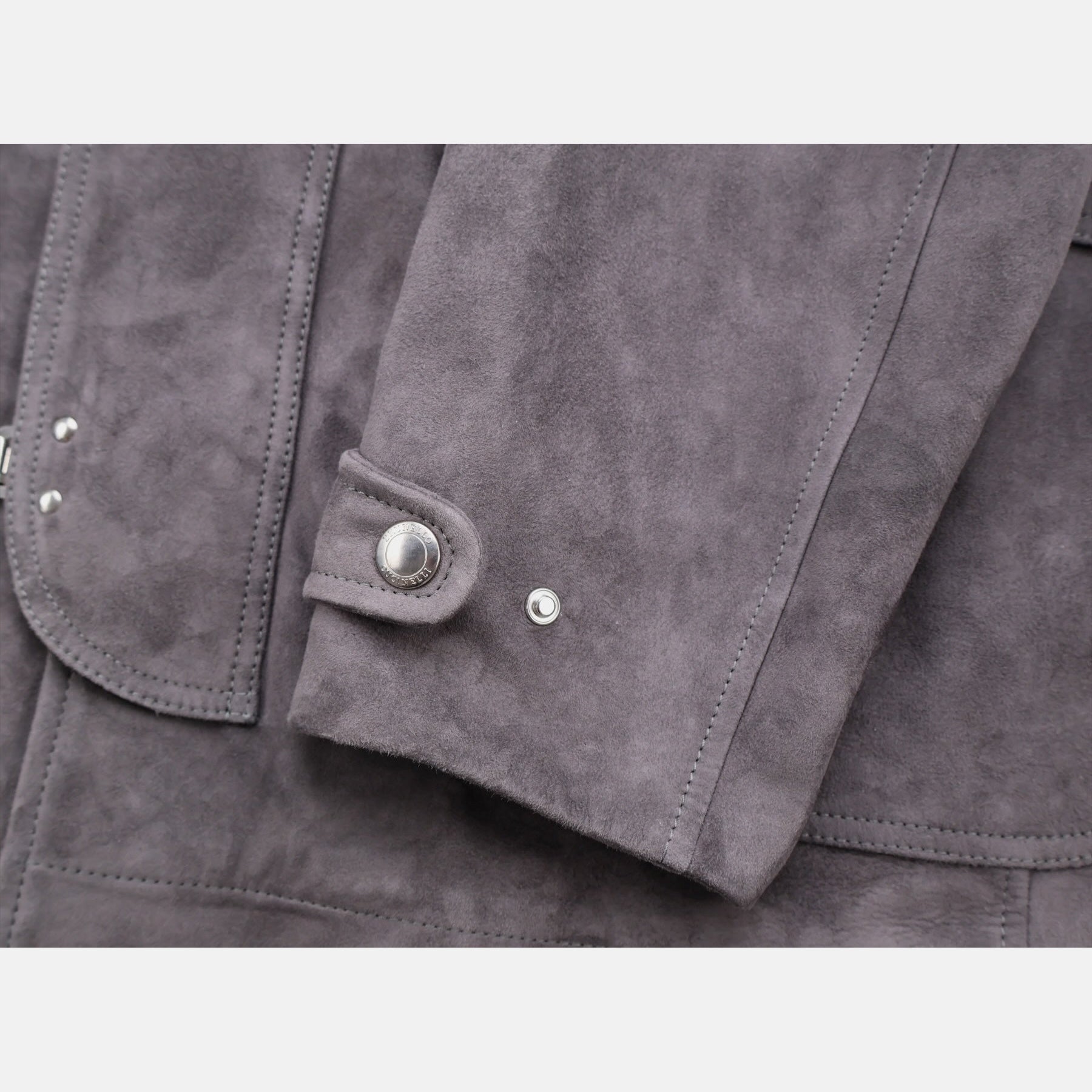 Brunello Cucinelli grey suede leather fireman jacket with contrast collar