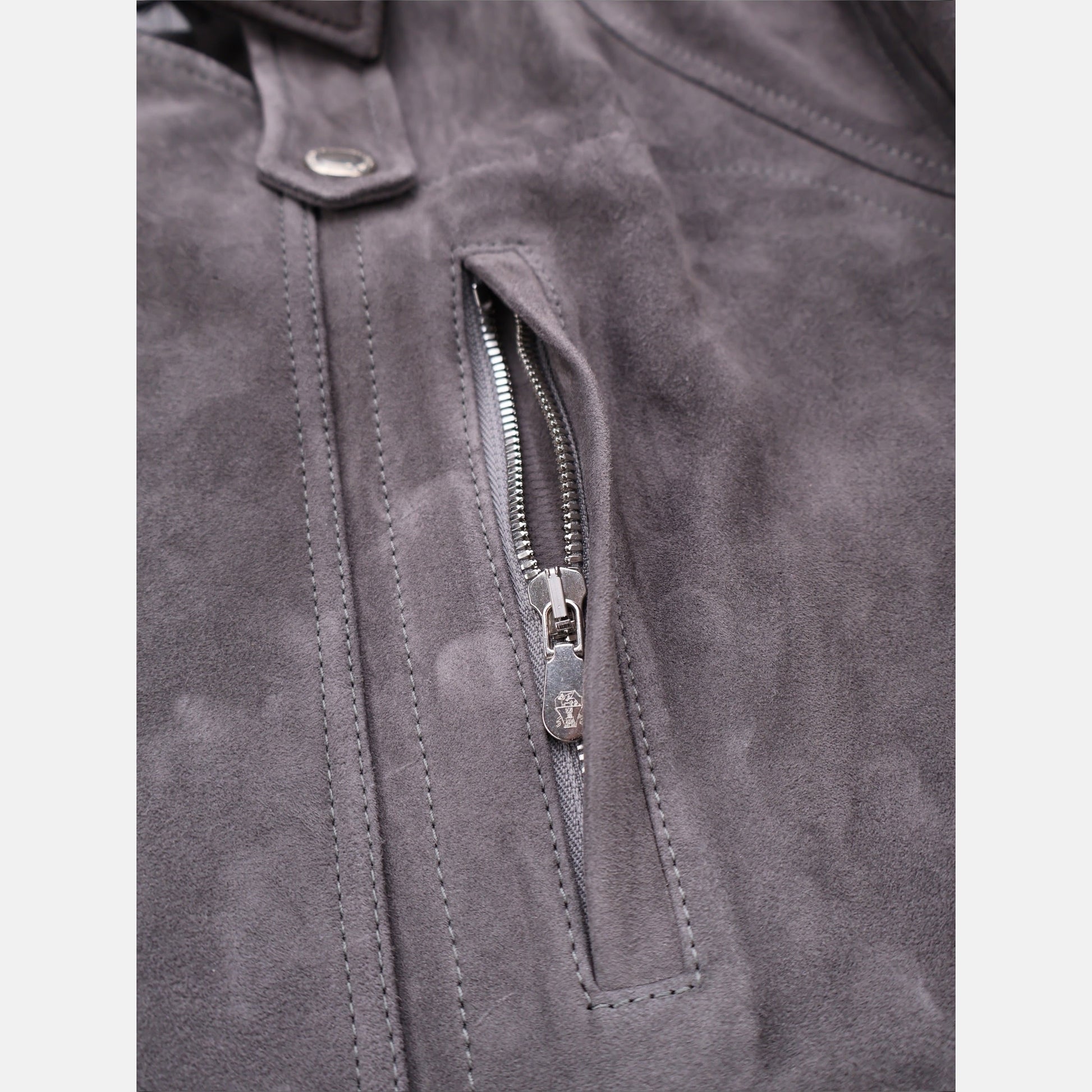 Brunello Cucinelli grey suede leather fireman jacket with contrast collar