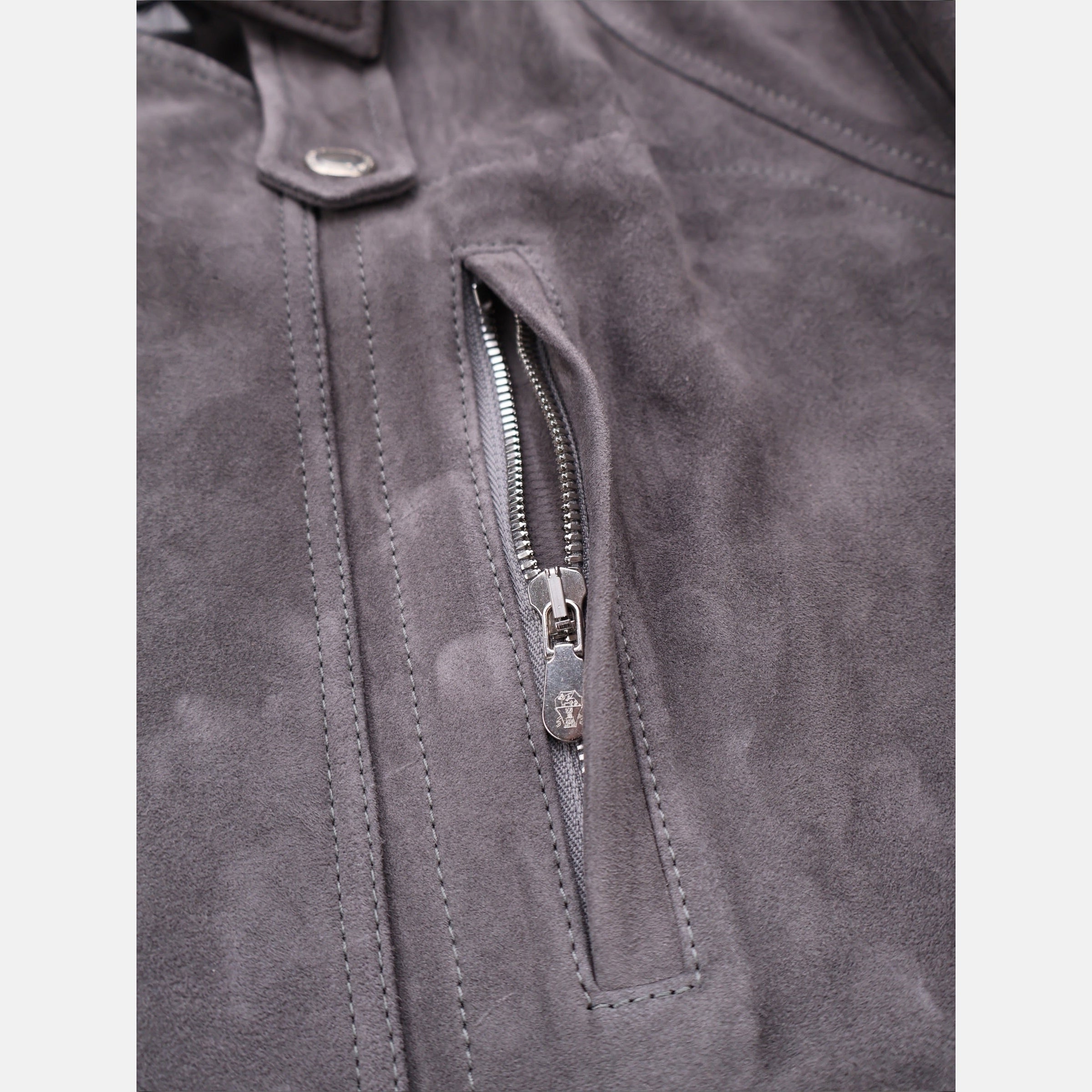 Brunello Cucinelli grey suede leather fireman jacket with contrast collar