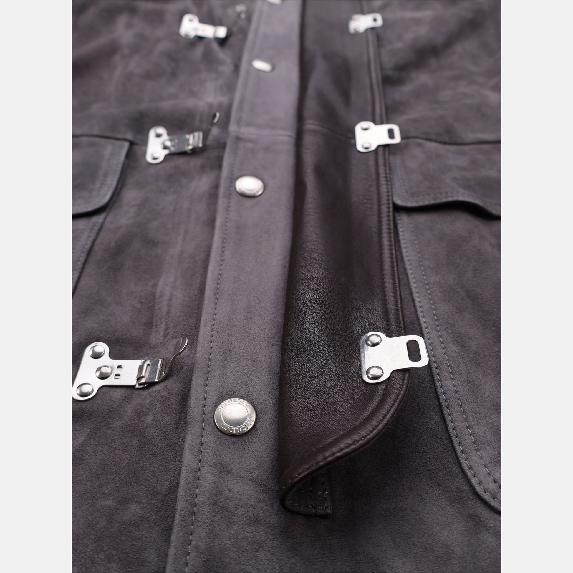 Brunello Cucinelli grey suede leather fireman jacket with contrast collar