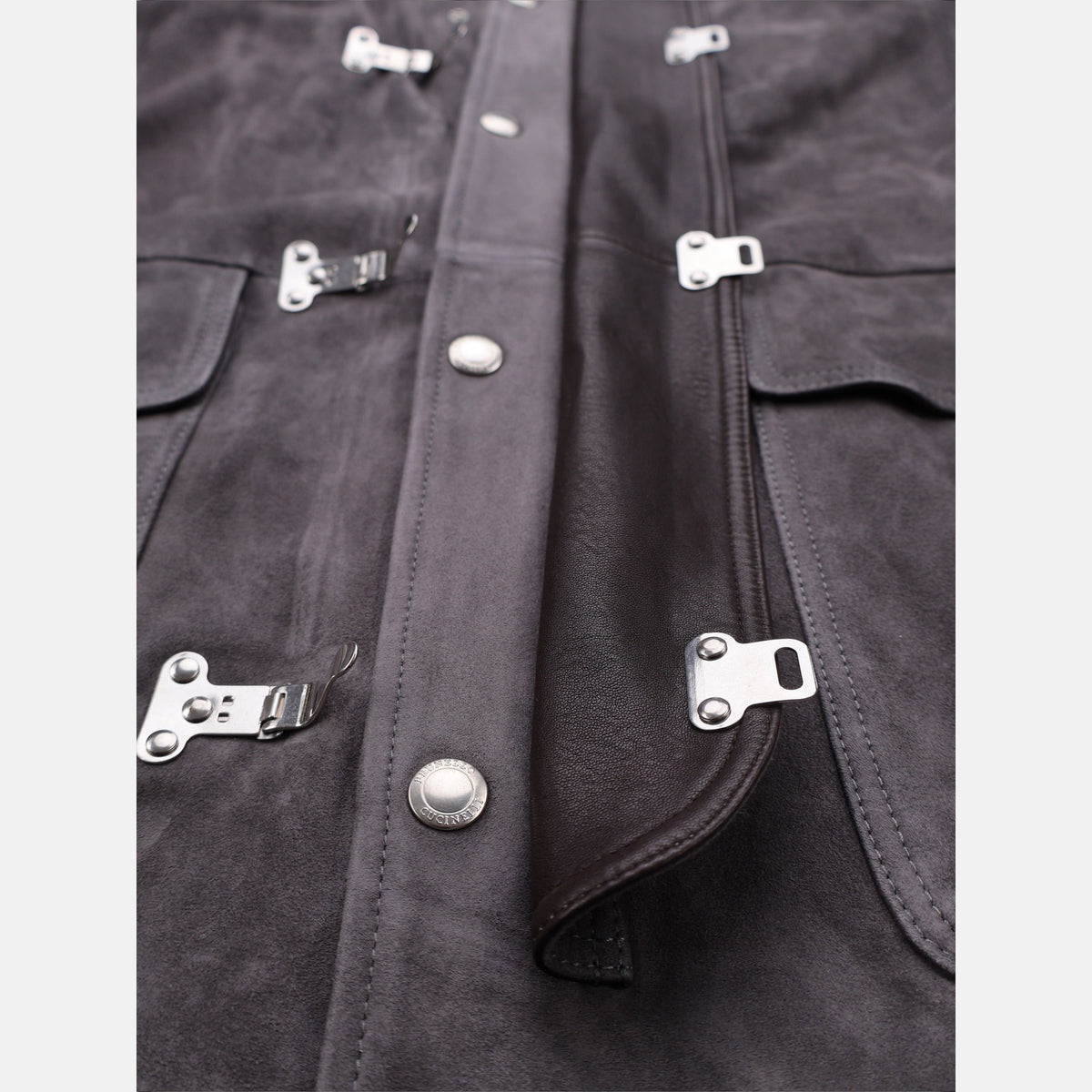 Brunello Cucinelli grey suede leather fireman jacket with contrast collar
