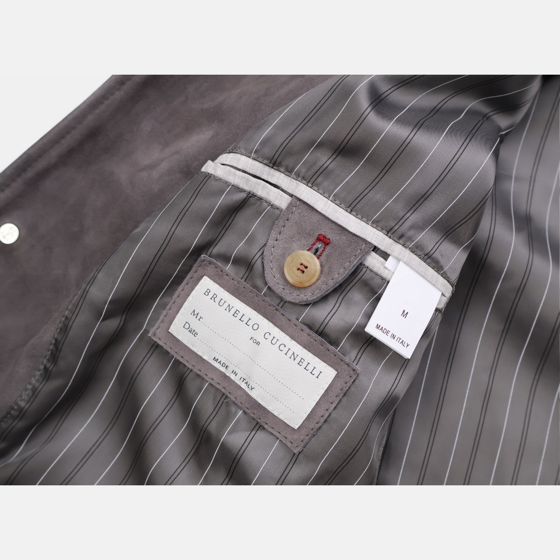 Brunello Cucinelli grey suede leather fireman jacket with contrast collar