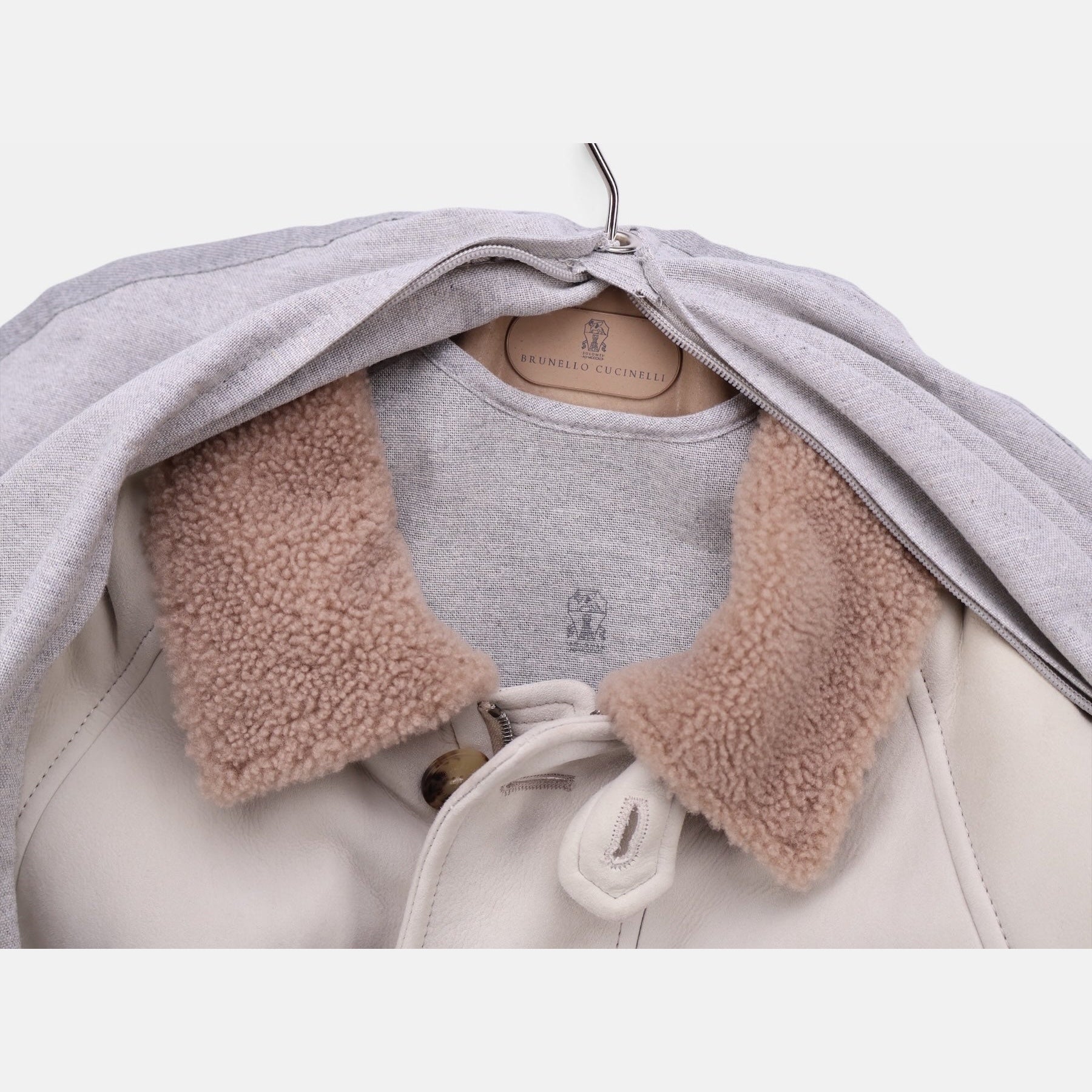 Brunello Cucinelli light beige suede shearling overcoat
