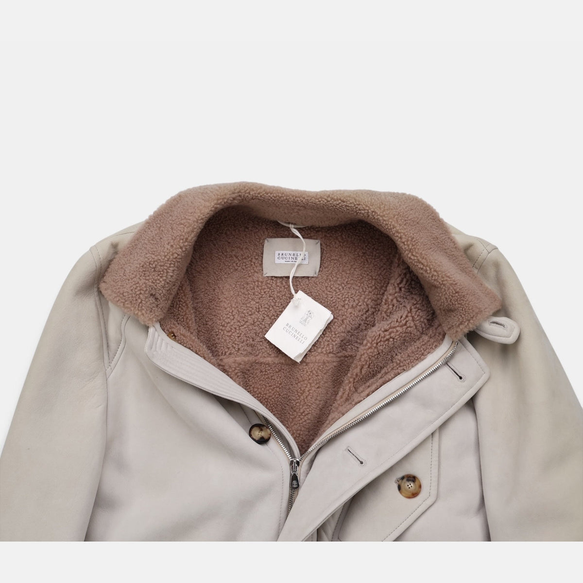 Brunello Cucinelli light beige suede shearling overcoat