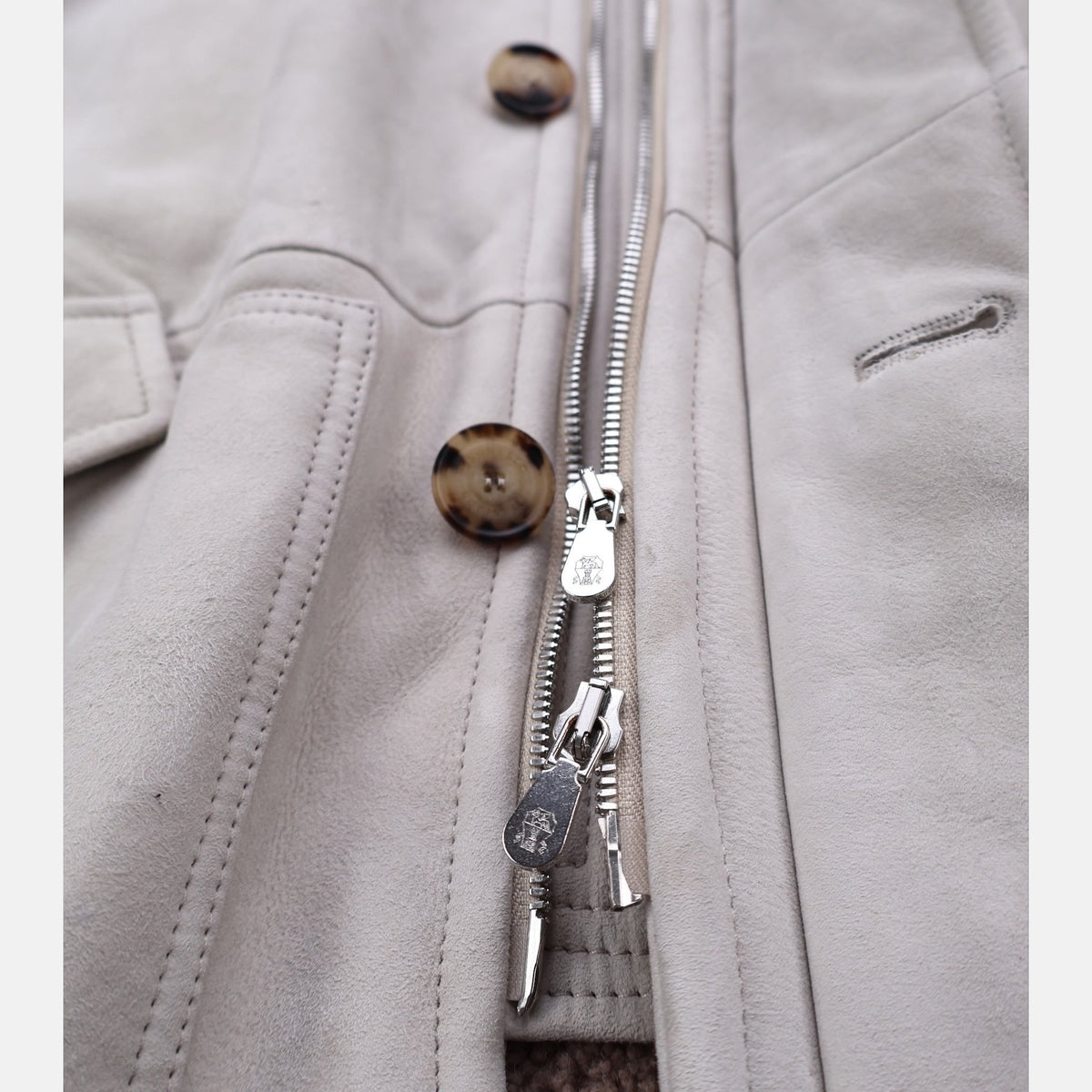 Brunello Cucinelli light beige suede shearling overcoat