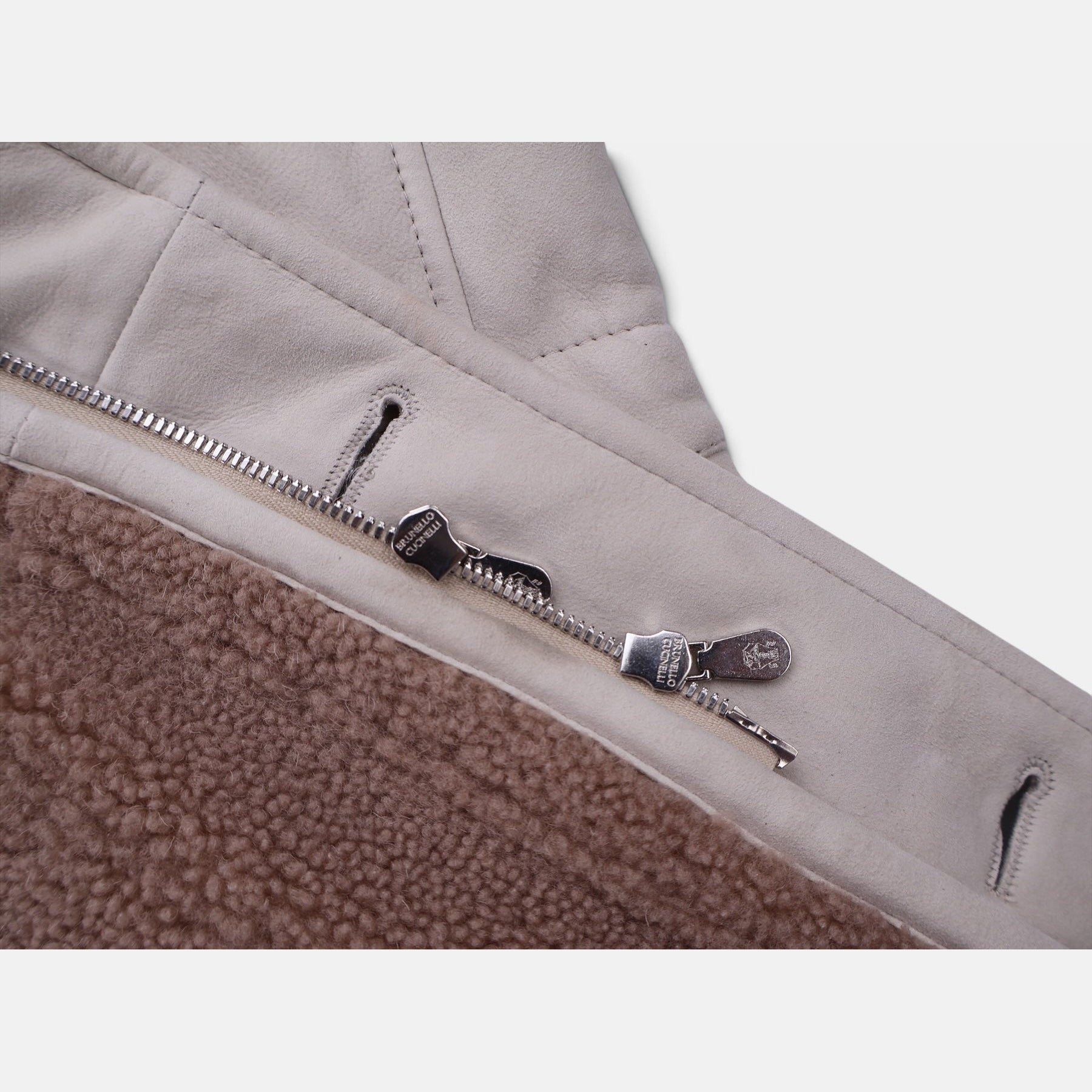 Brunello Cucinelli light beige suede shearling overcoat