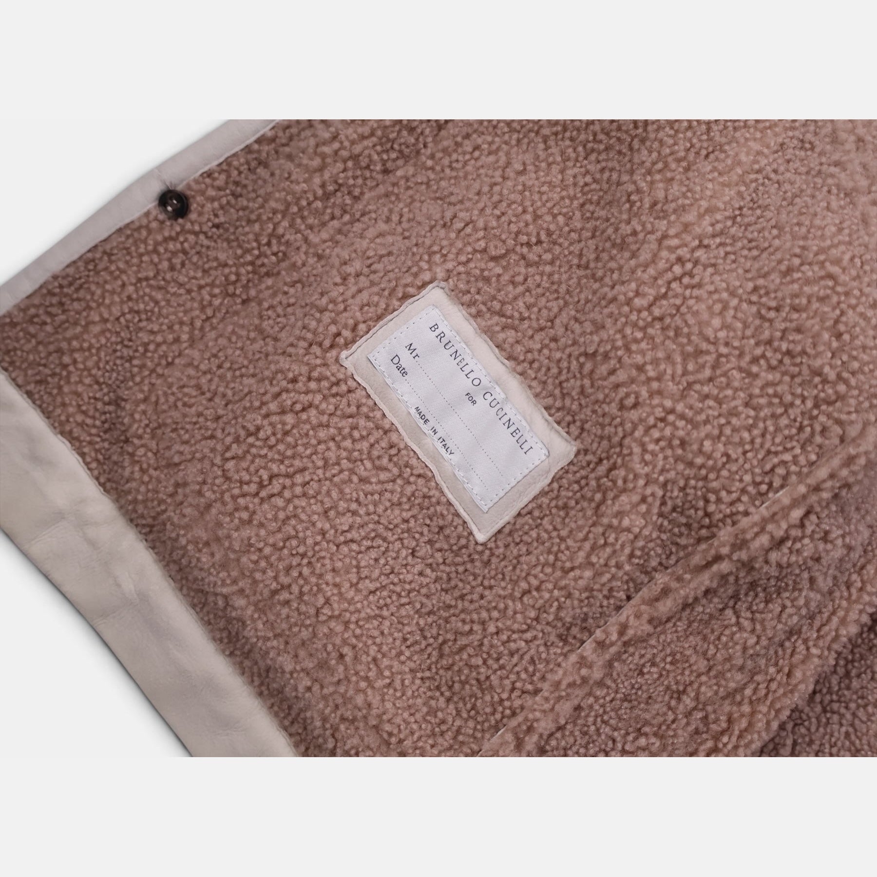 Brunello Cucinelli light beige suede shearling overcoat