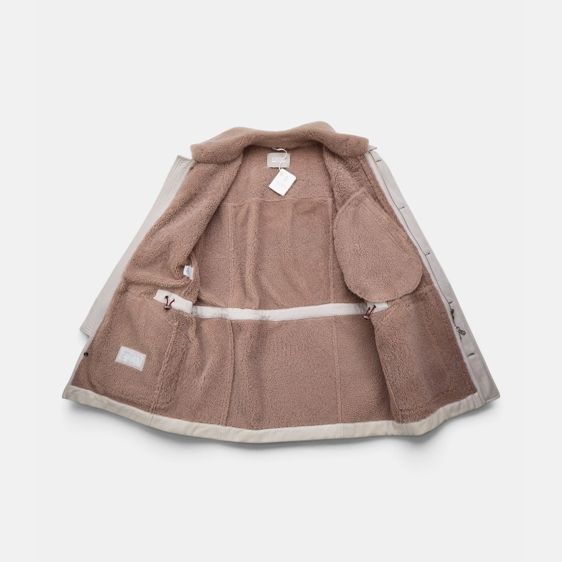 Brunello Cucinelli light beige suede shearling overcoat
