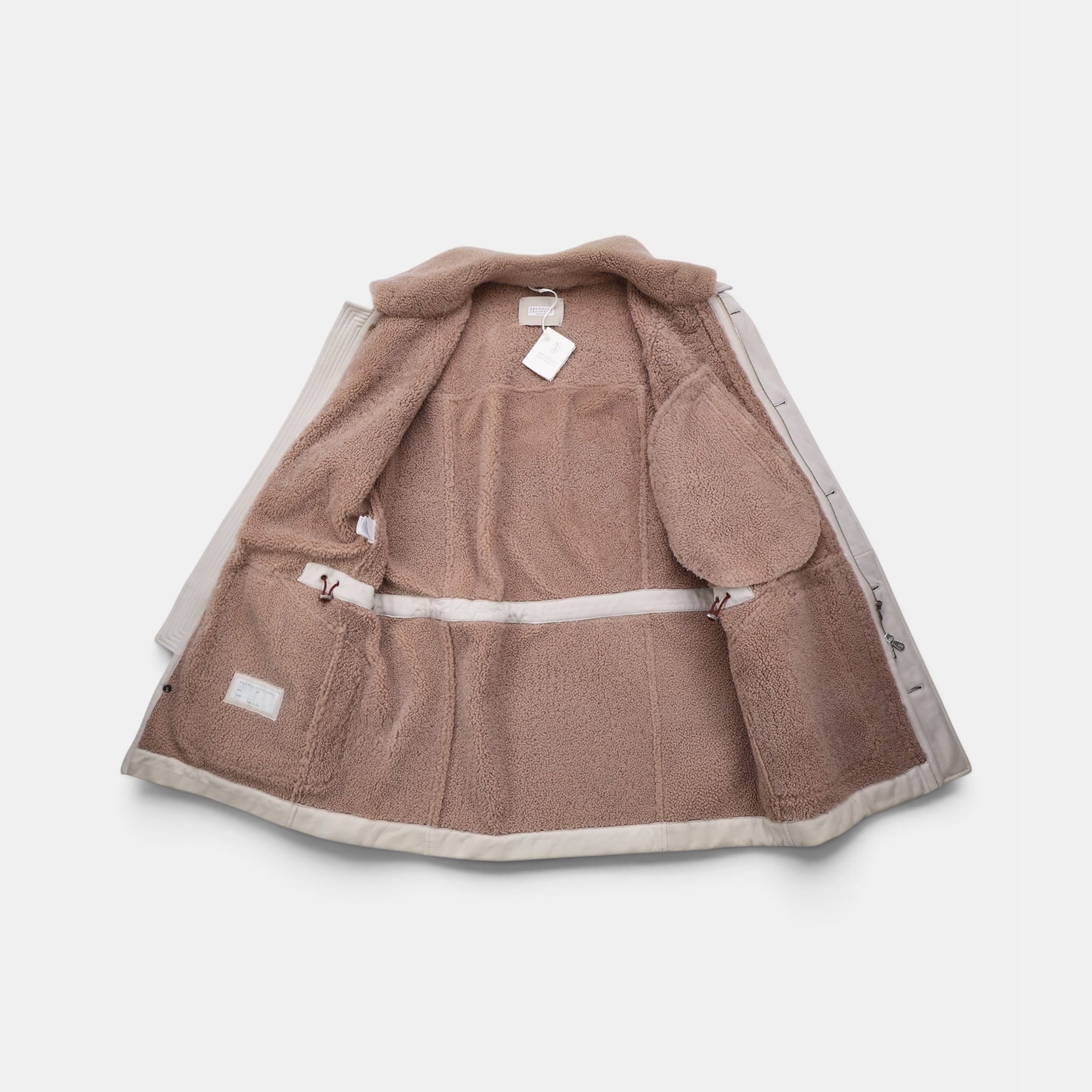 Brunello Cucinelli light beige suede shearling overcoat