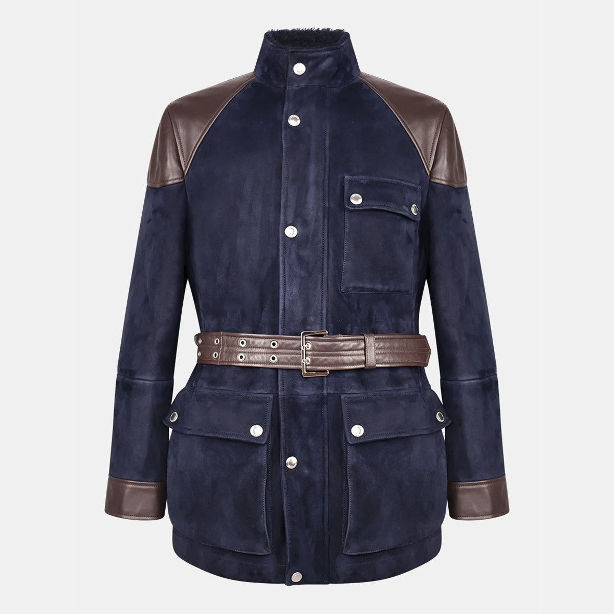 Brunello Cucinelli navy suede shearling field jacket with brown leather trim and belt