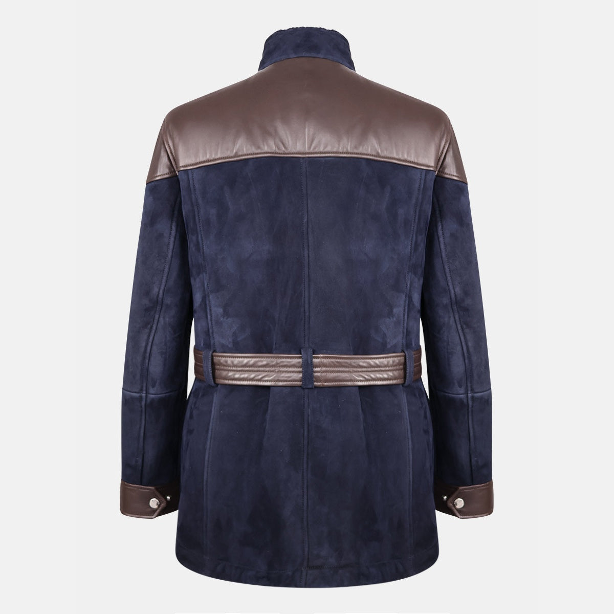 Brunello Cucinelli navy suede shearling field jacket with brown leather trim and belt