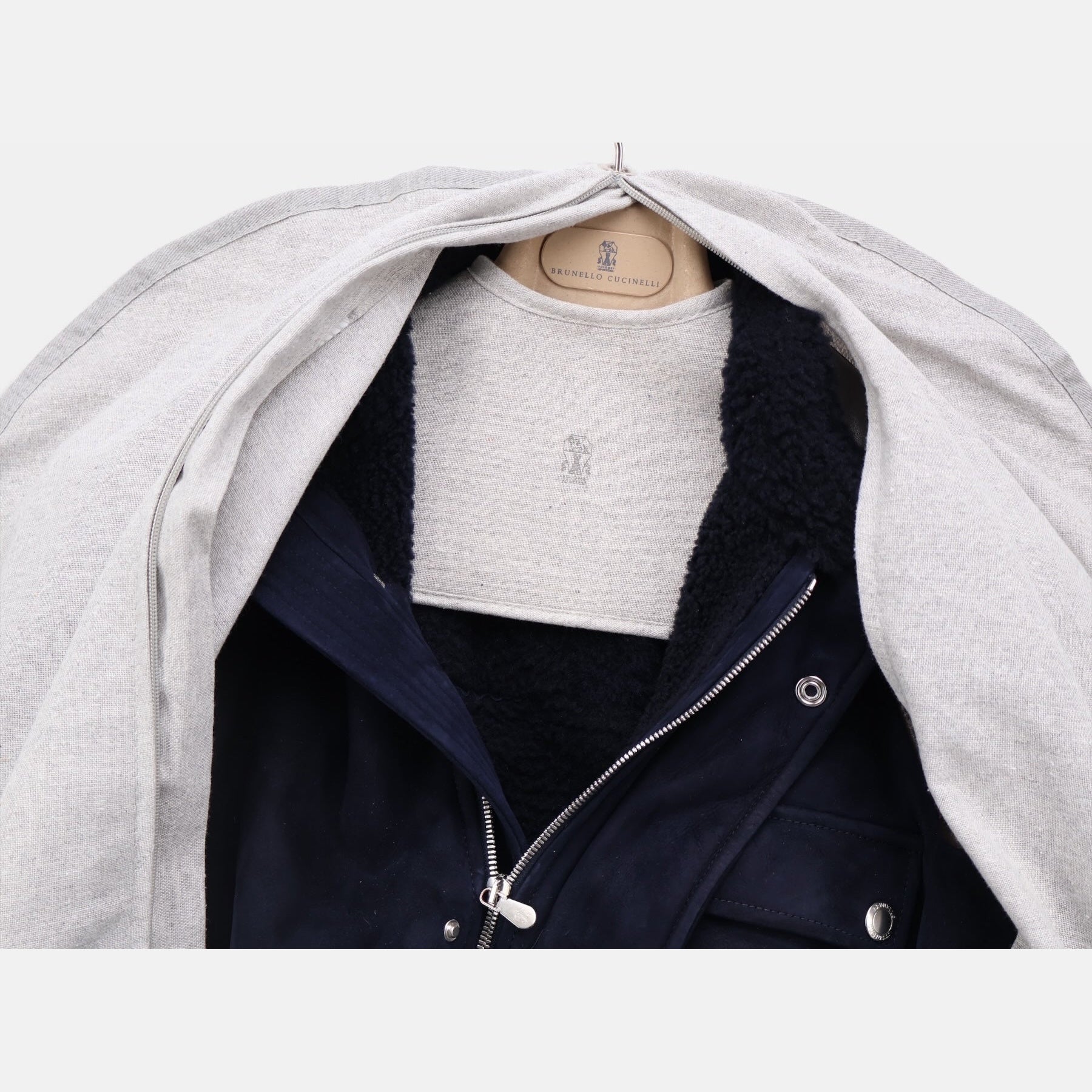 Brunello Cucinelli navy suede shearling field jacket with brown leather trim and belt