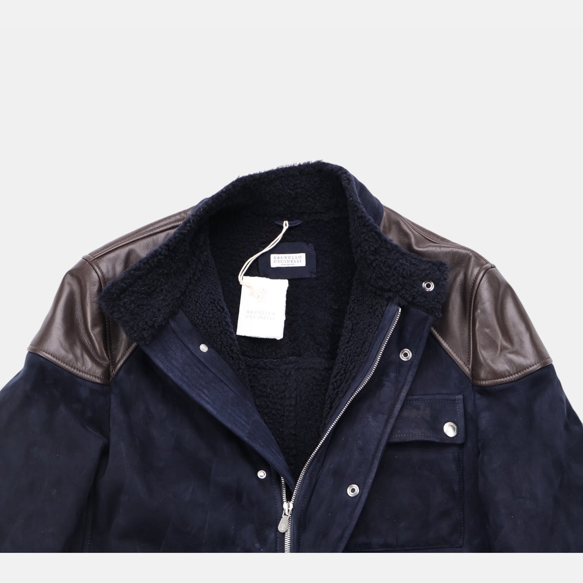 Brunello Cucinelli navy suede shearling field jacket with brown leather trim and belt