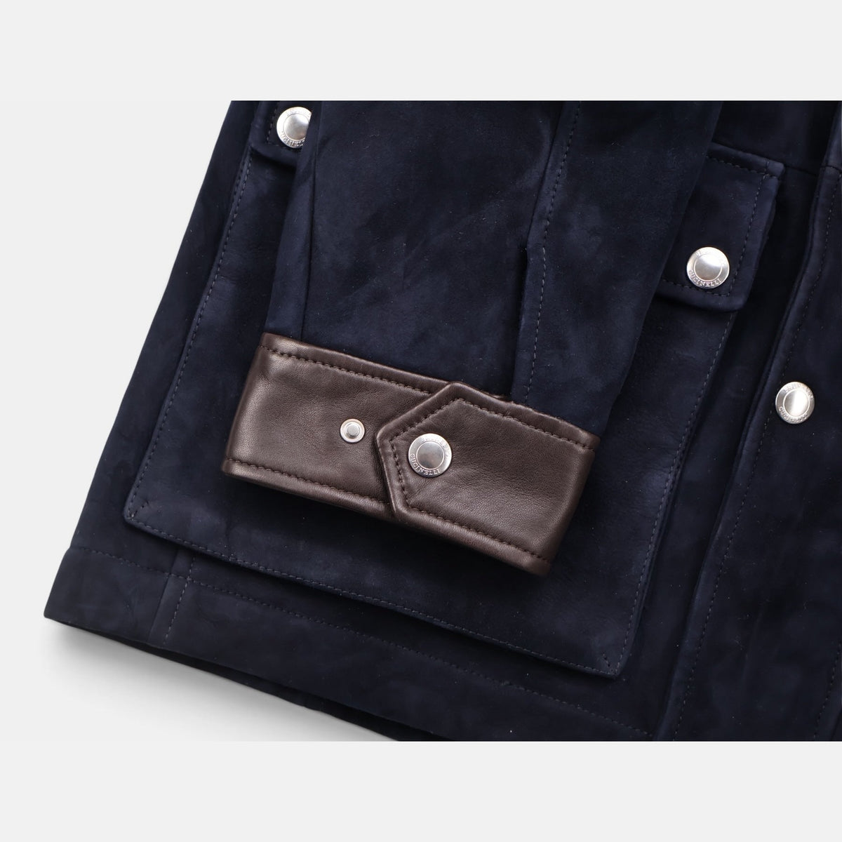 Brunello Cucinelli navy suede shearling field jacket with brown leather trim and belt
