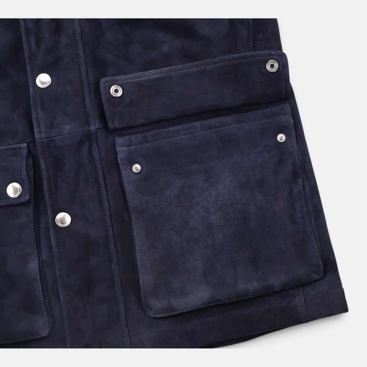 Brunello Cucinelli navy suede shearling field jacket with brown leather trim and belt