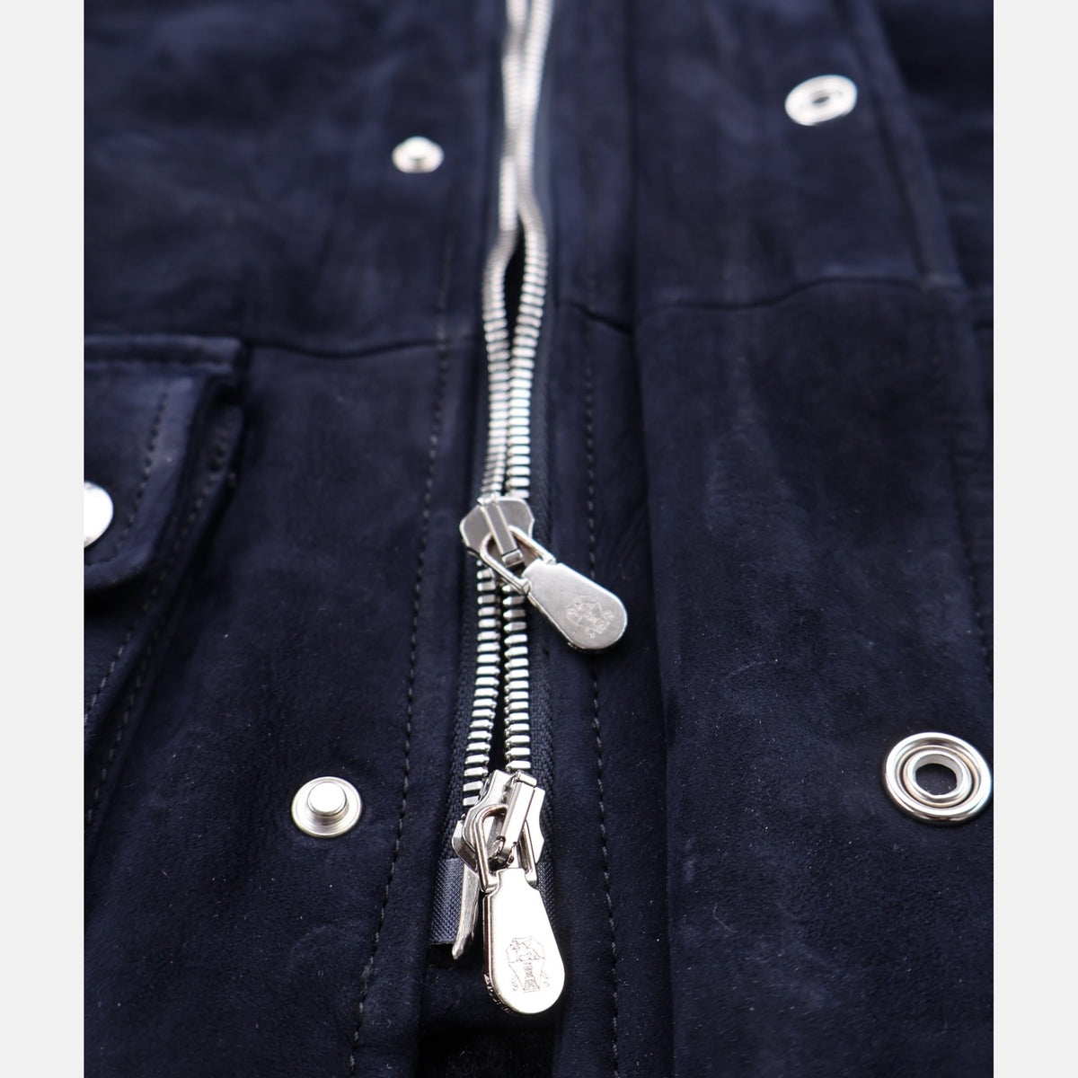 Brunello Cucinelli navy suede shearling field jacket with brown leather trim and belt