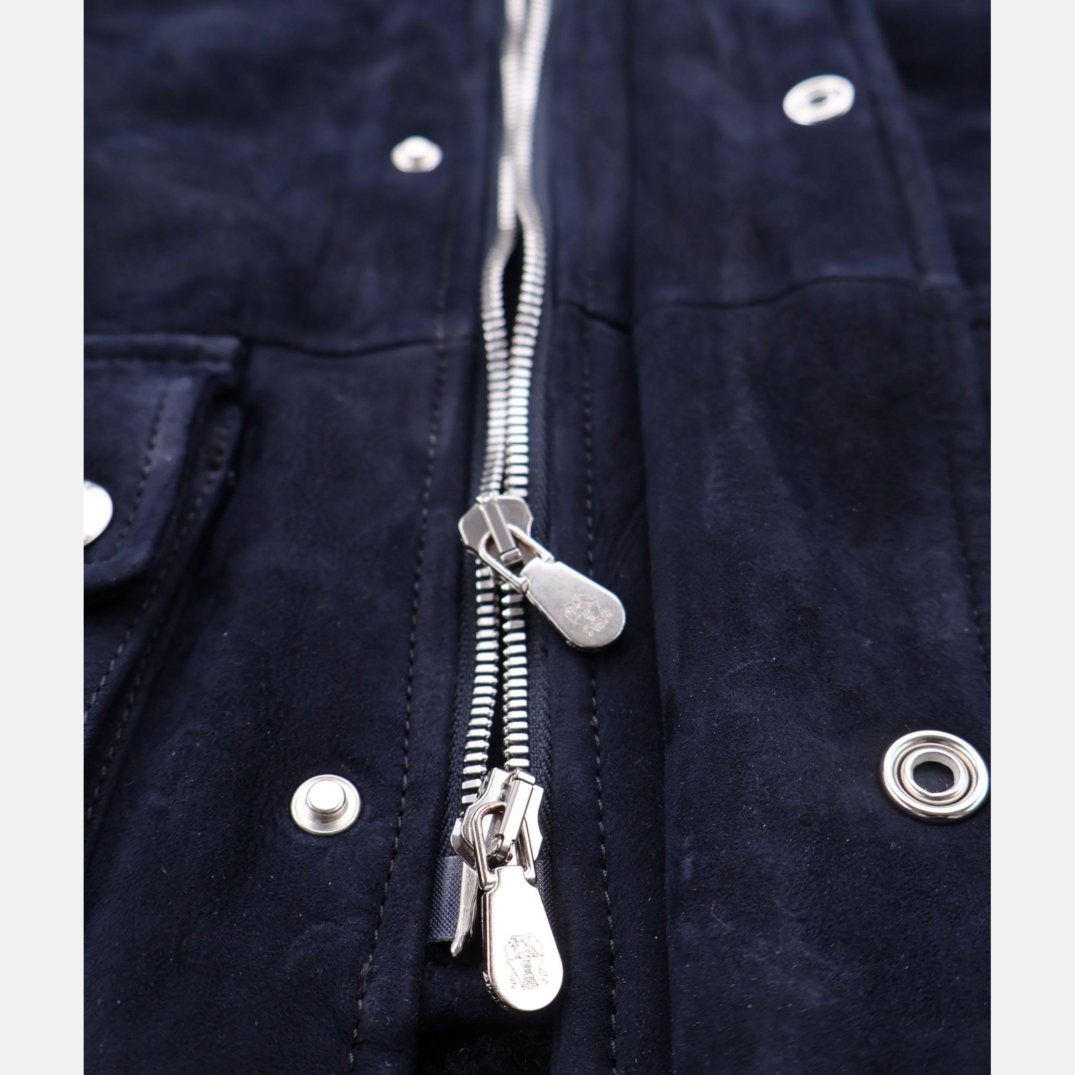 Brunello Cucinelli navy suede shearling field jacket with brown leather trim and belt
