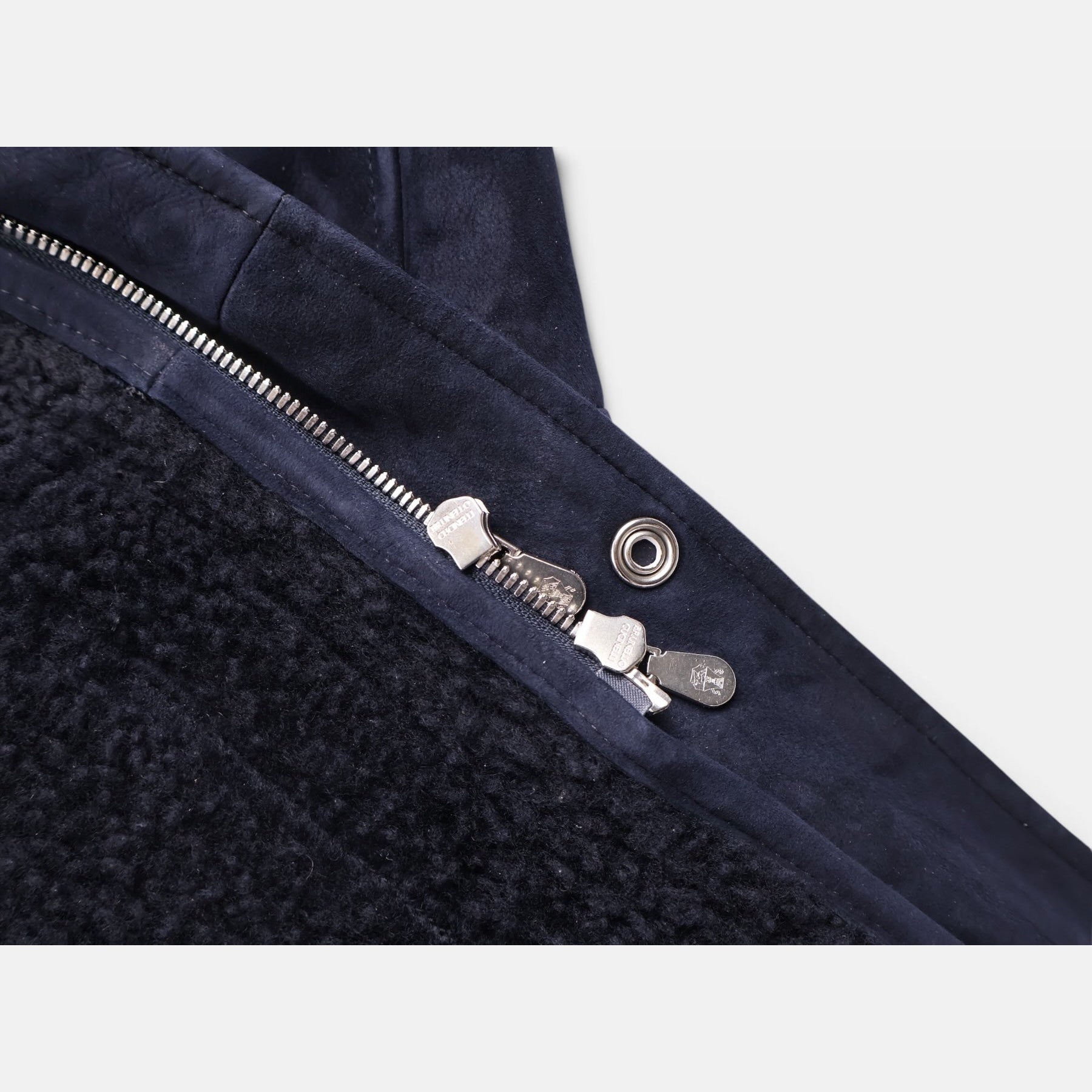 Brunello Cucinelli navy suede shearling field jacket with brown leather trim and belt