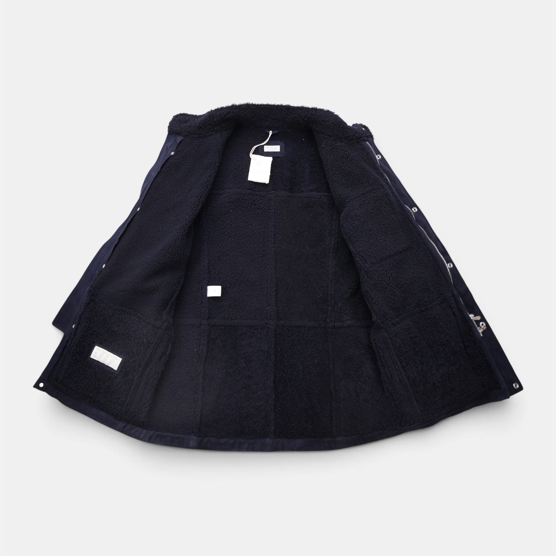 Brunello Cucinelli navy suede shearling field jacket with brown leather trim and belt