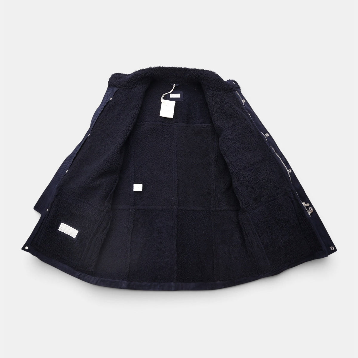 Brunello Cucinelli navy suede shearling field jacket with brown leather trim and belt