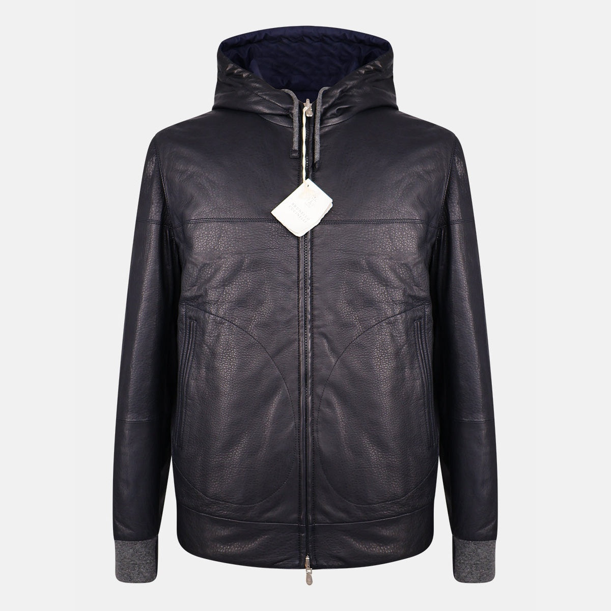 Brunello Cucinelli black and navy reversible hooded bomber jacket in calfskin leather