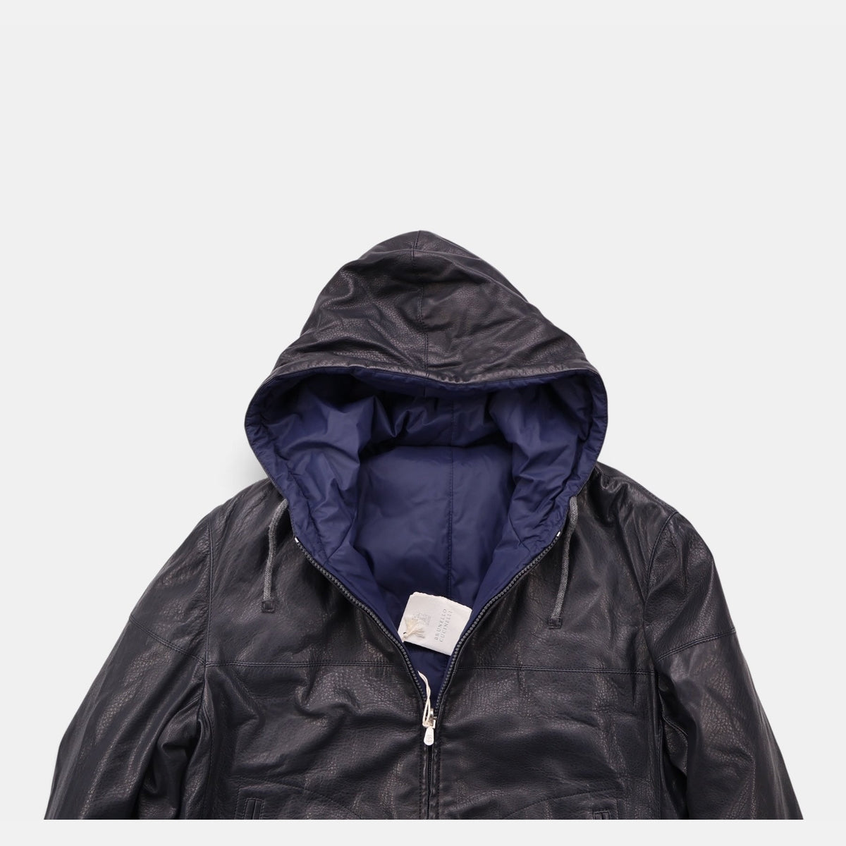 Brunello Cucinelli black and navy reversible hooded bomber jacket in calfskin leather