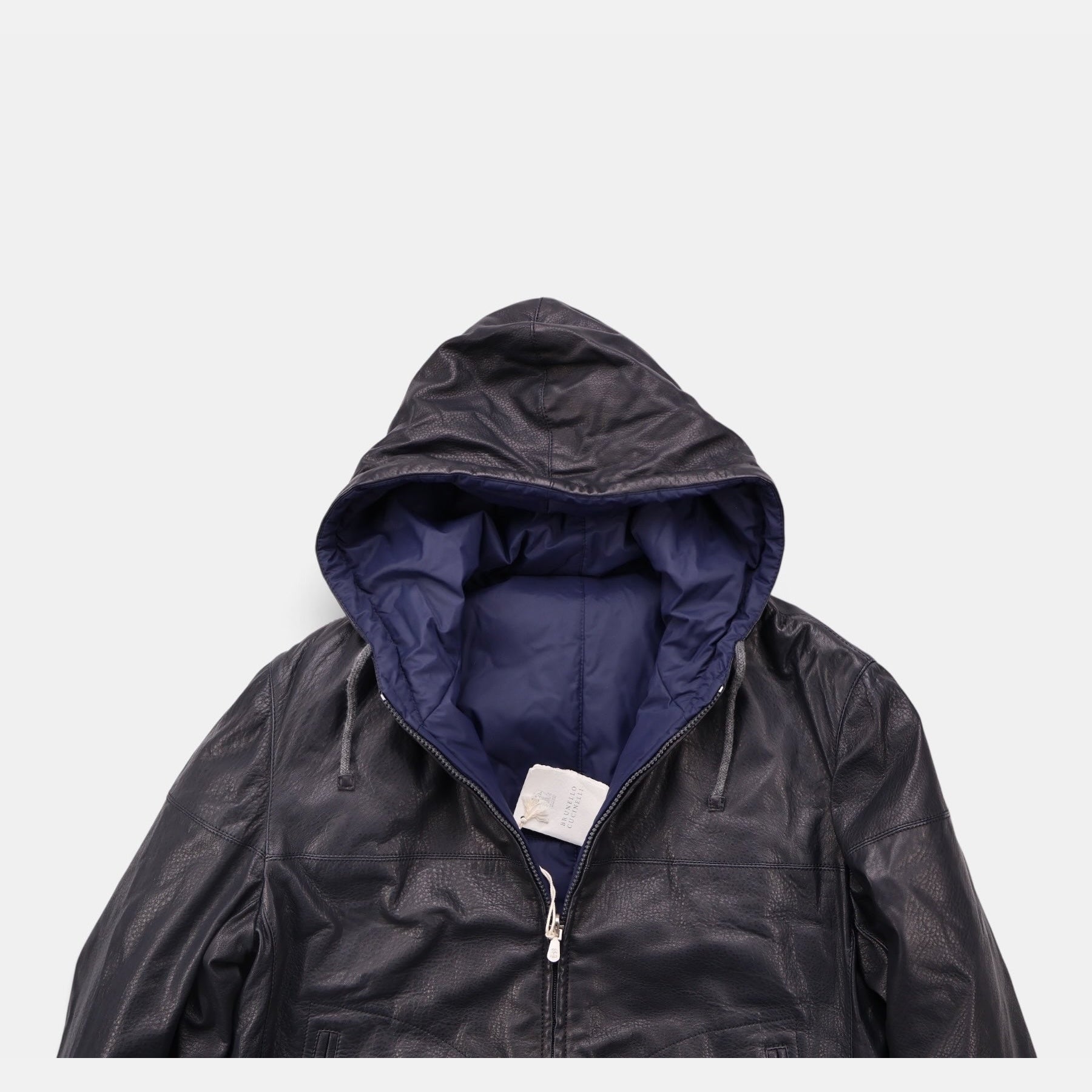 Brunello Cucinelli black and navy reversible hooded bomber jacket in calfskin leather