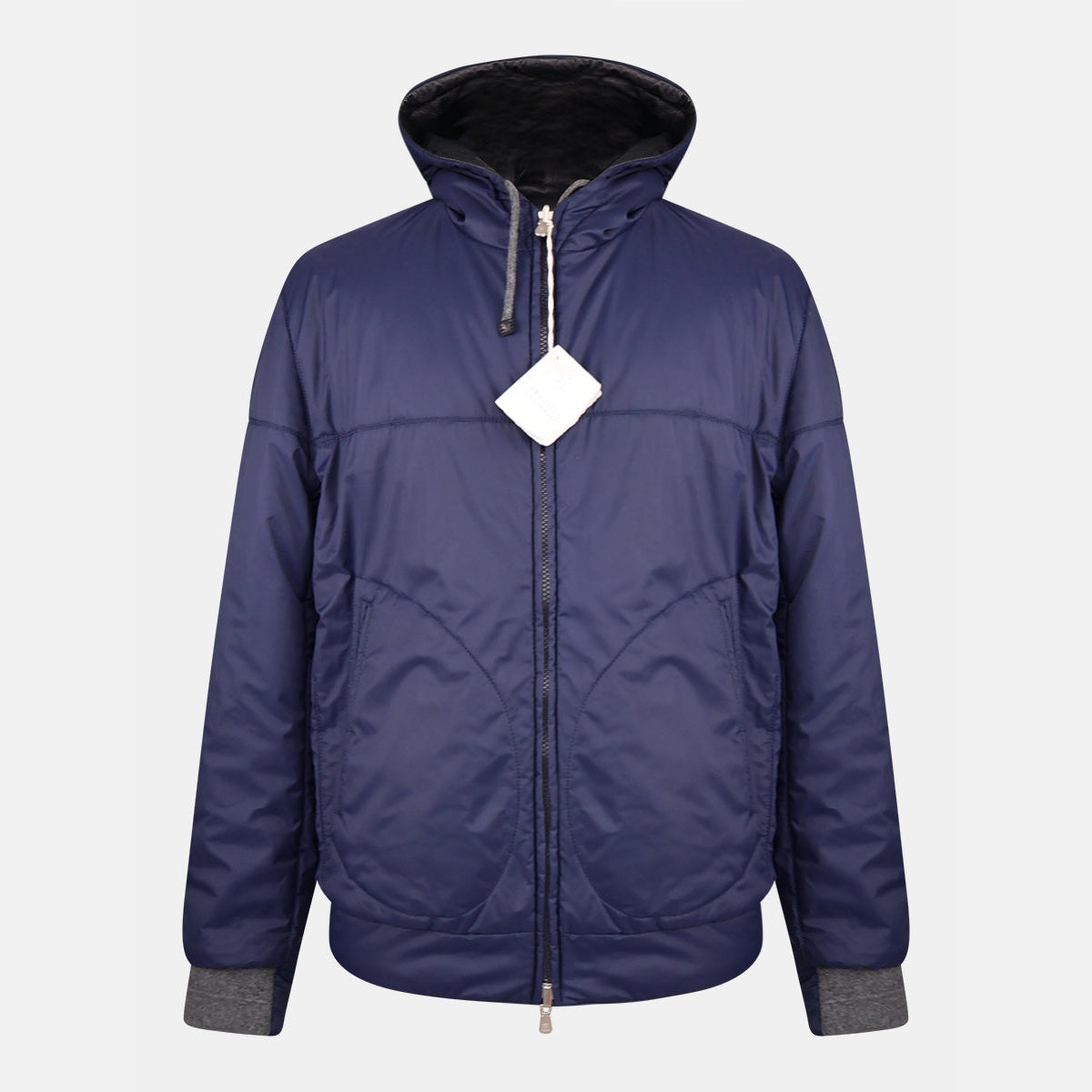 Brunello Cucinelli black and navy reversible hooded bomber jacket in calfskin leather