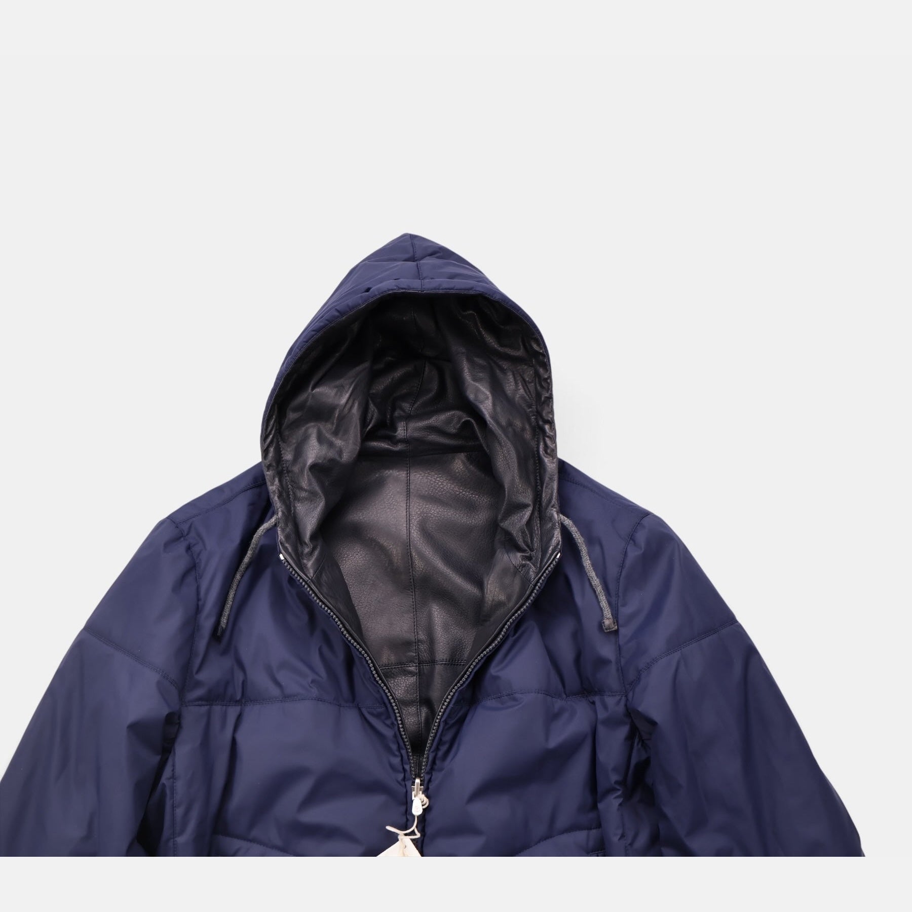 Brunello Cucinelli black and navy reversible hooded bomber jacket in calfskin leather