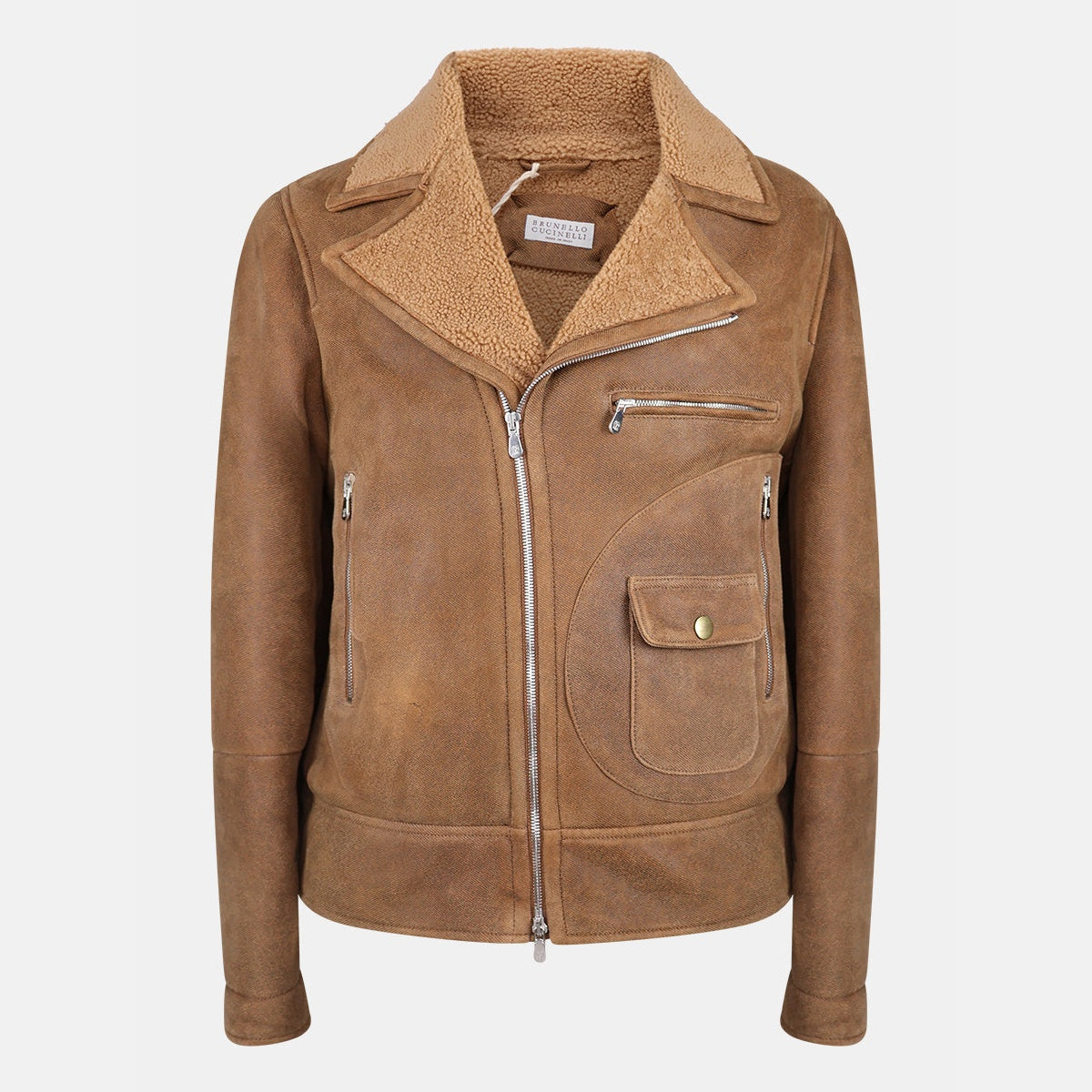 Brunello Cucinelli brown shearling-lined aviator jacket in calf leather