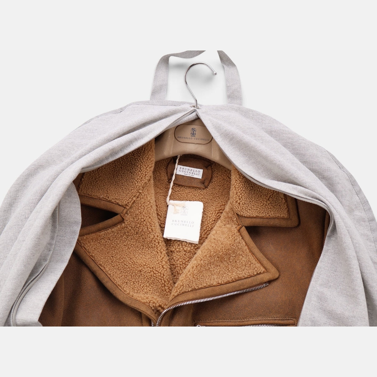 Brunello Cucinelli Calf Shearling Lined Aviator Jacket Brown (M)