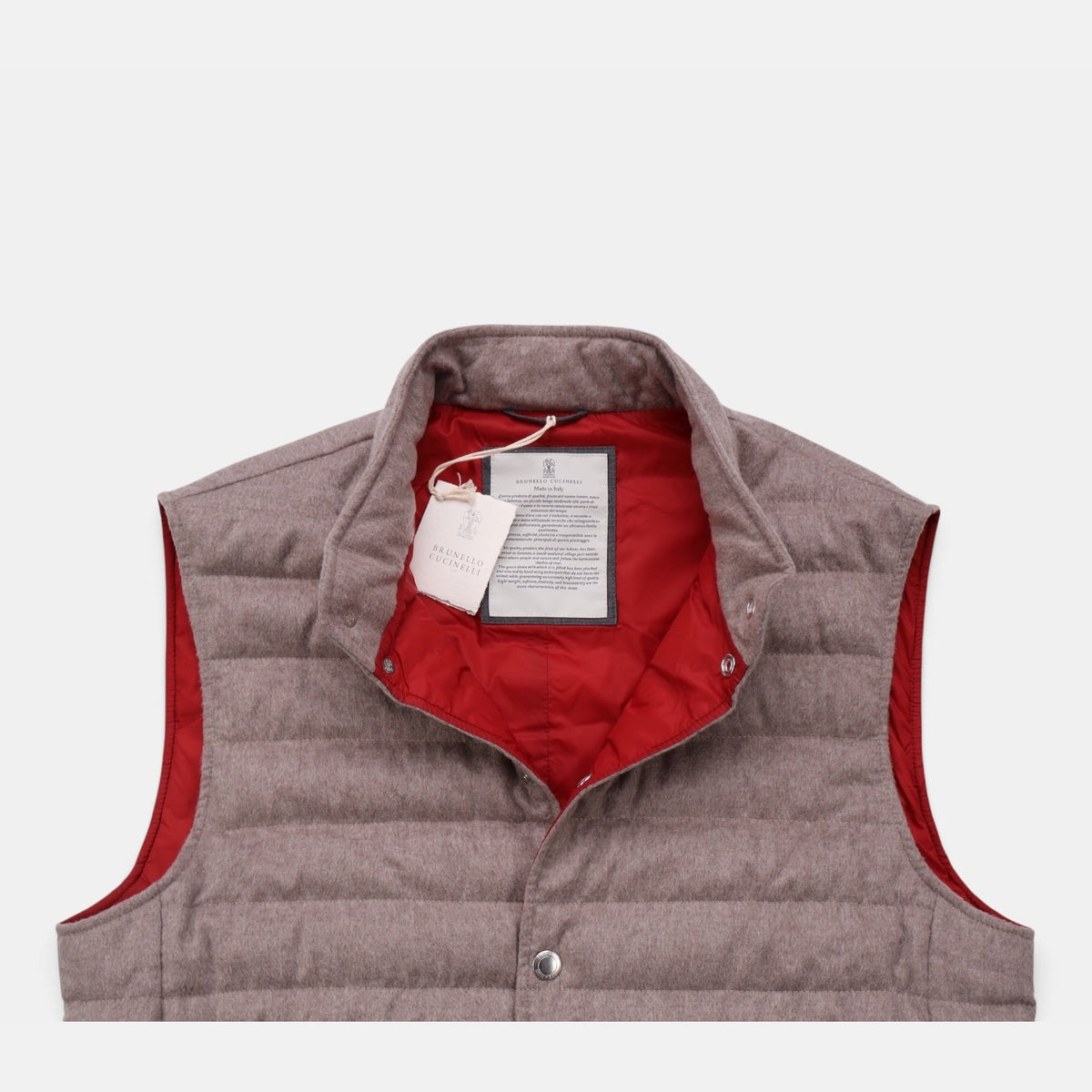 Brunello Cucinelli taupe cashmere flannel down bodywarmer vest