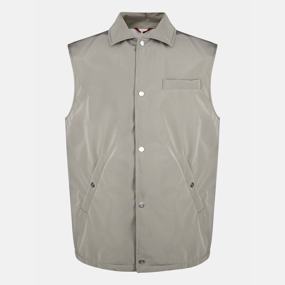 Brunello Cucinelli beige water-resistant snap-front vest, packable technical style