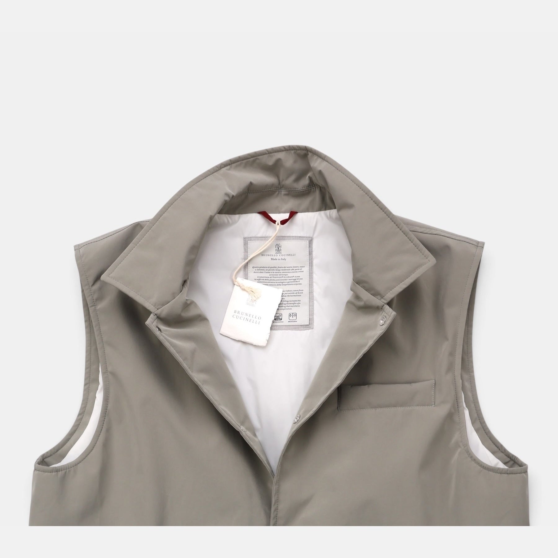 Brunello Cucinelli beige water-resistant snap-front vest, packable technical style