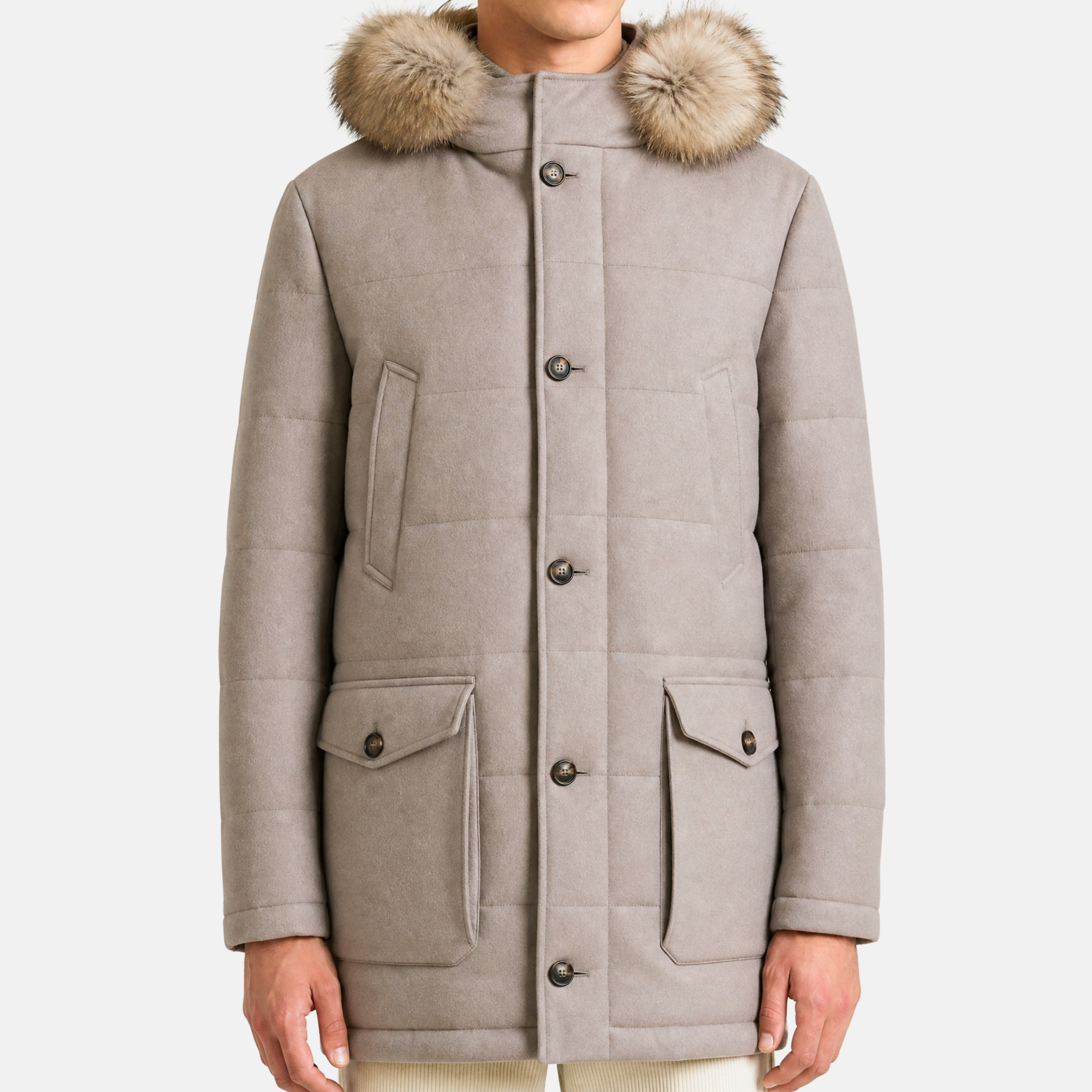 Beige Hooded Storm System Coat with Fur (M)