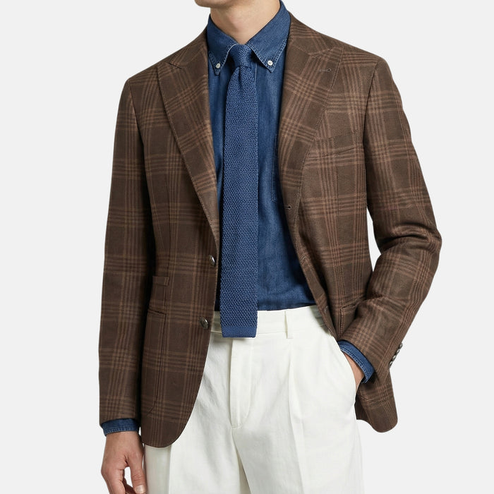 Brown Checked Linen Wool Silk Jacket