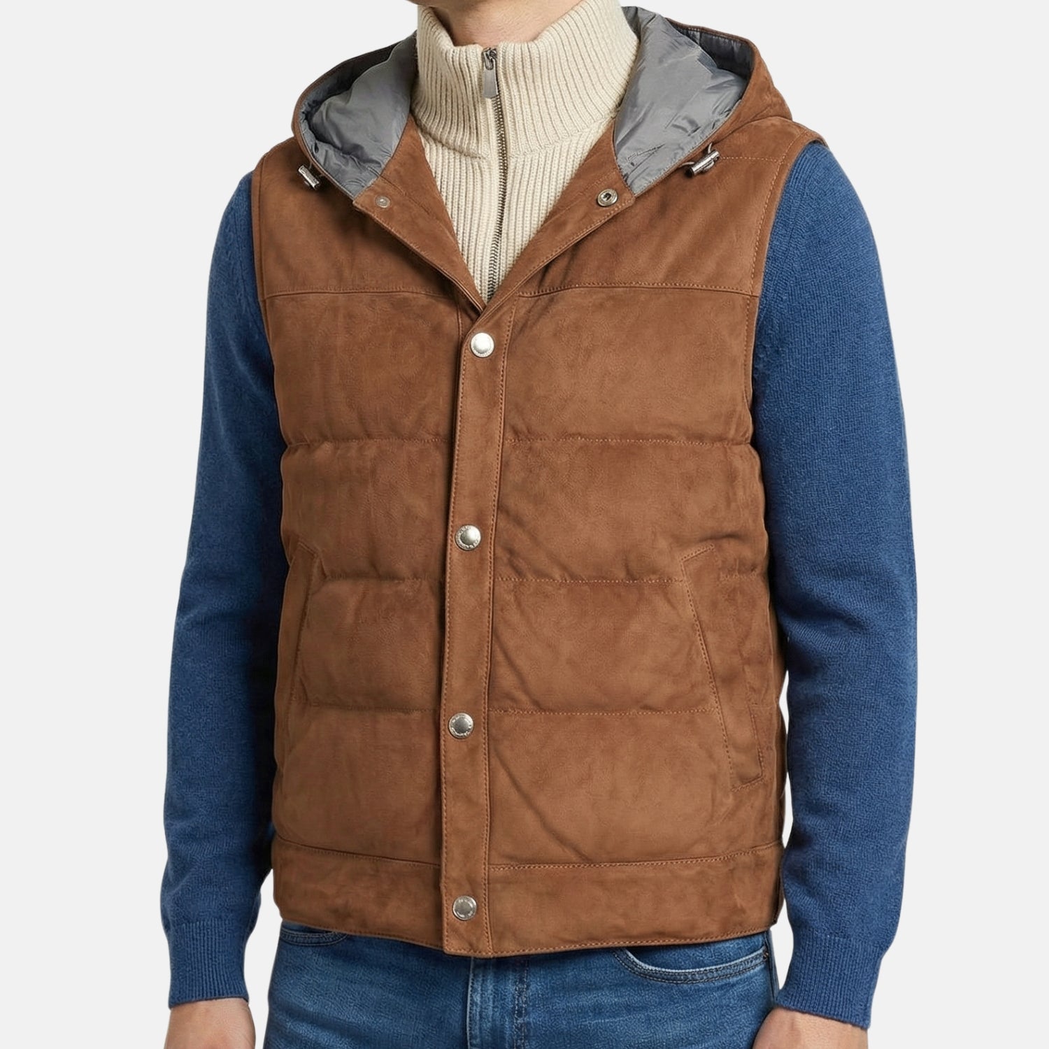 Brown Down Suede Vest with Cashmere Details (XXS)