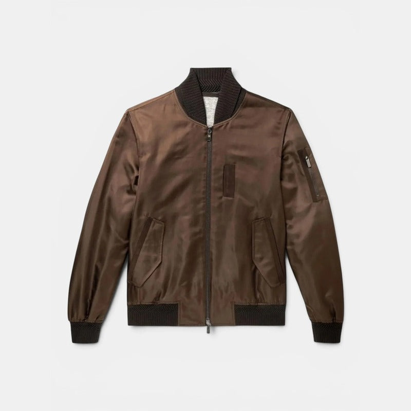 Zegna Brown Silk Bomber – pre-owned luxury menswear at Sanpetuna