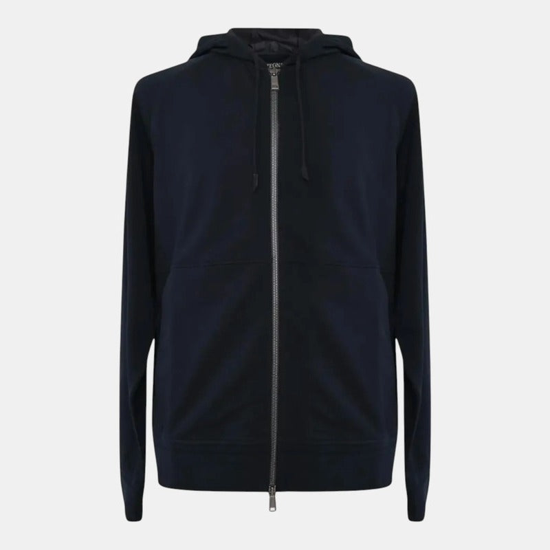 Zegna Navy Hooded Bomber – pre-owned luxury menswear at Sanpetuna