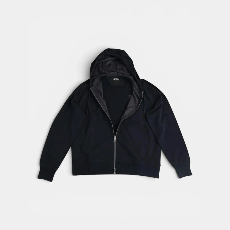 Zegna Navy Hooded Bomber – pre-owned luxury menswear at Sanpetuna