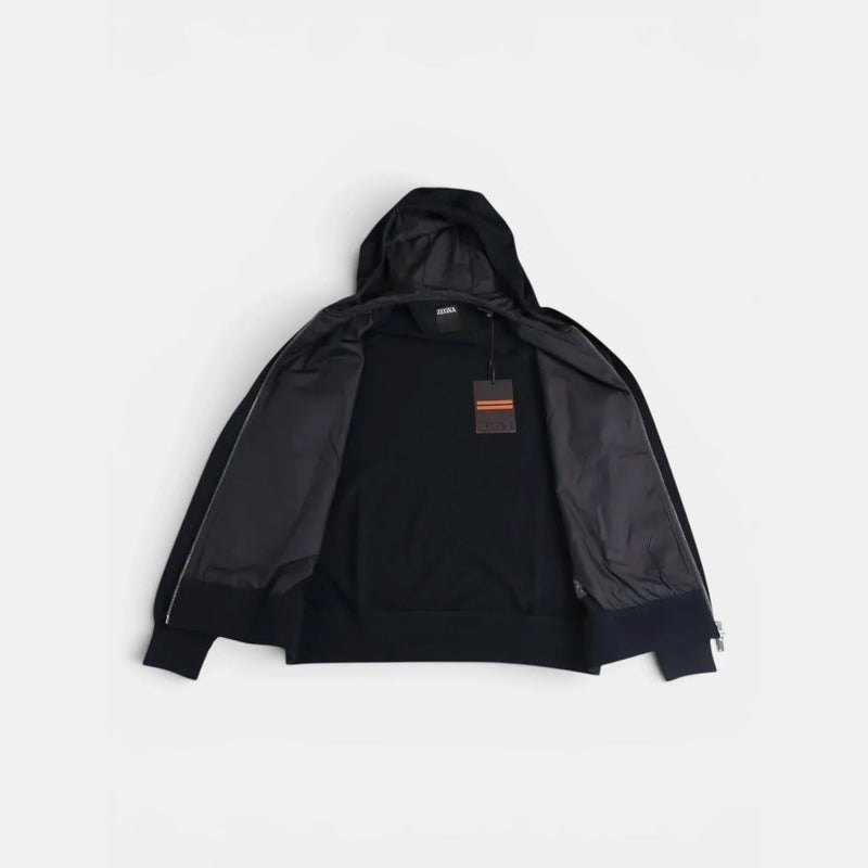 Zegna Navy Hooded Bomber – pre-owned luxury menswear at Sanpetuna