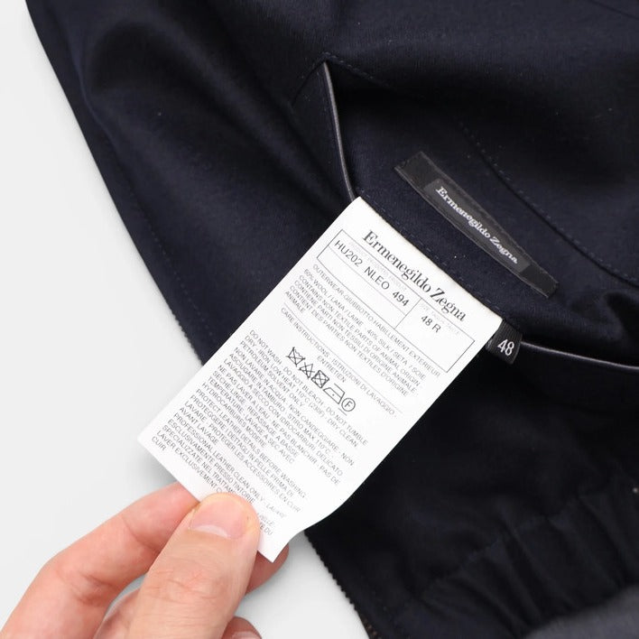 Ermenegildo Zegna Navy/Grey Wool-Silk Reversible Bomber – pre-owned luxury menswear at Sanpetuna