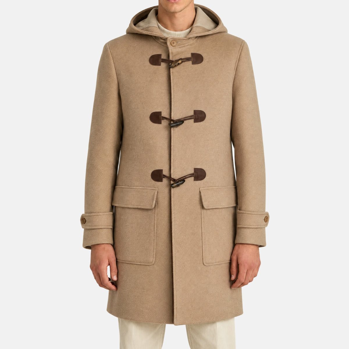 Beige Baby Camel Montgomery Coat/Leather Details with Detachable Hood (XL)